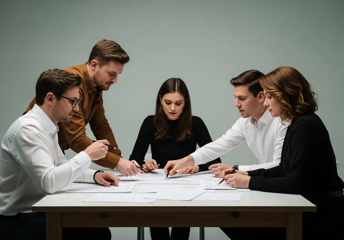 Equipa feliz reunida em ambiente profissional e colaborativo